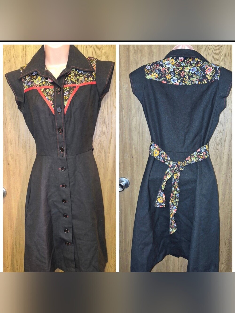 Vtg Rockabilly Western Button Front Shirt Dress Cap Sleeve Floral Pin Up Size 7